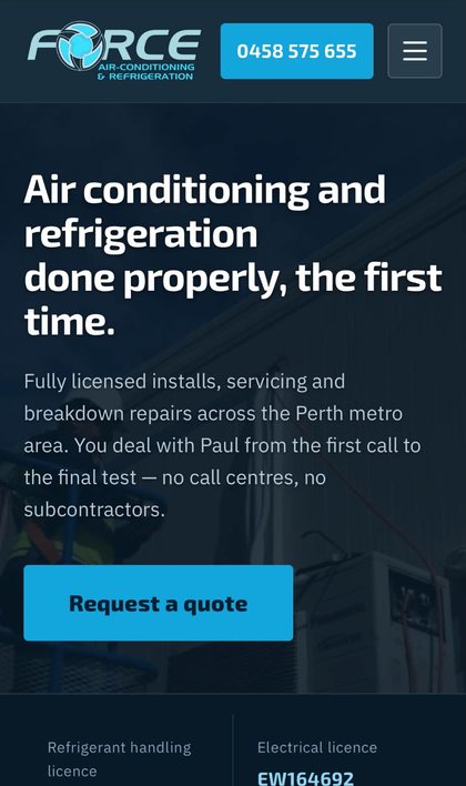 Force Air-Conditioning & Refrigeration website on mobile